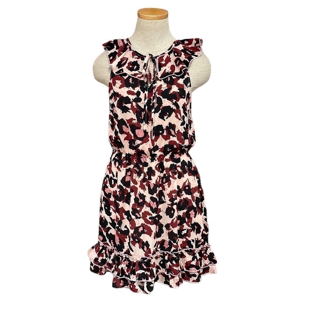 Parker Leopard Print Dress Sleeveless Ruffles Tan Pink Black Size X Small XS